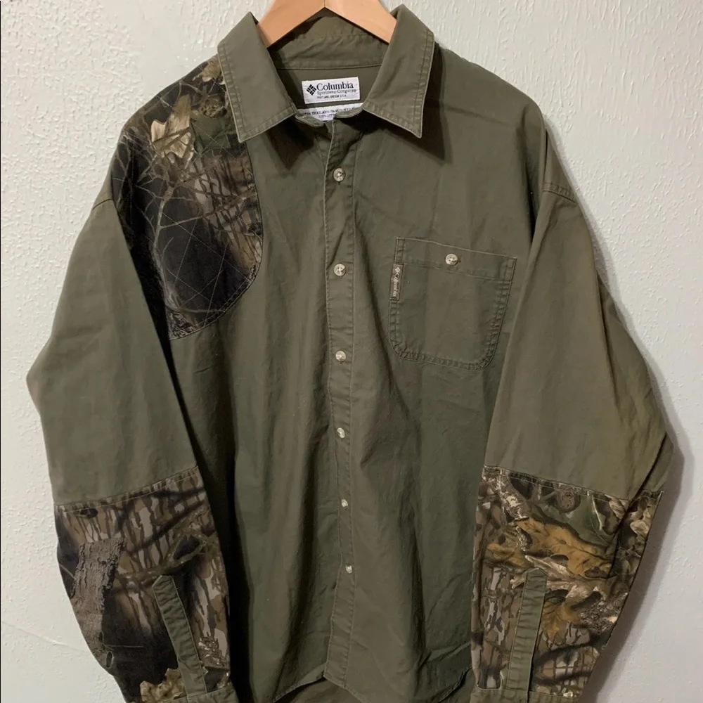 COLUMBIA • Vintage 90s Shooting Shirt Men XL Olive Camo Long Sleeve Hunting - Picture 8 of 9